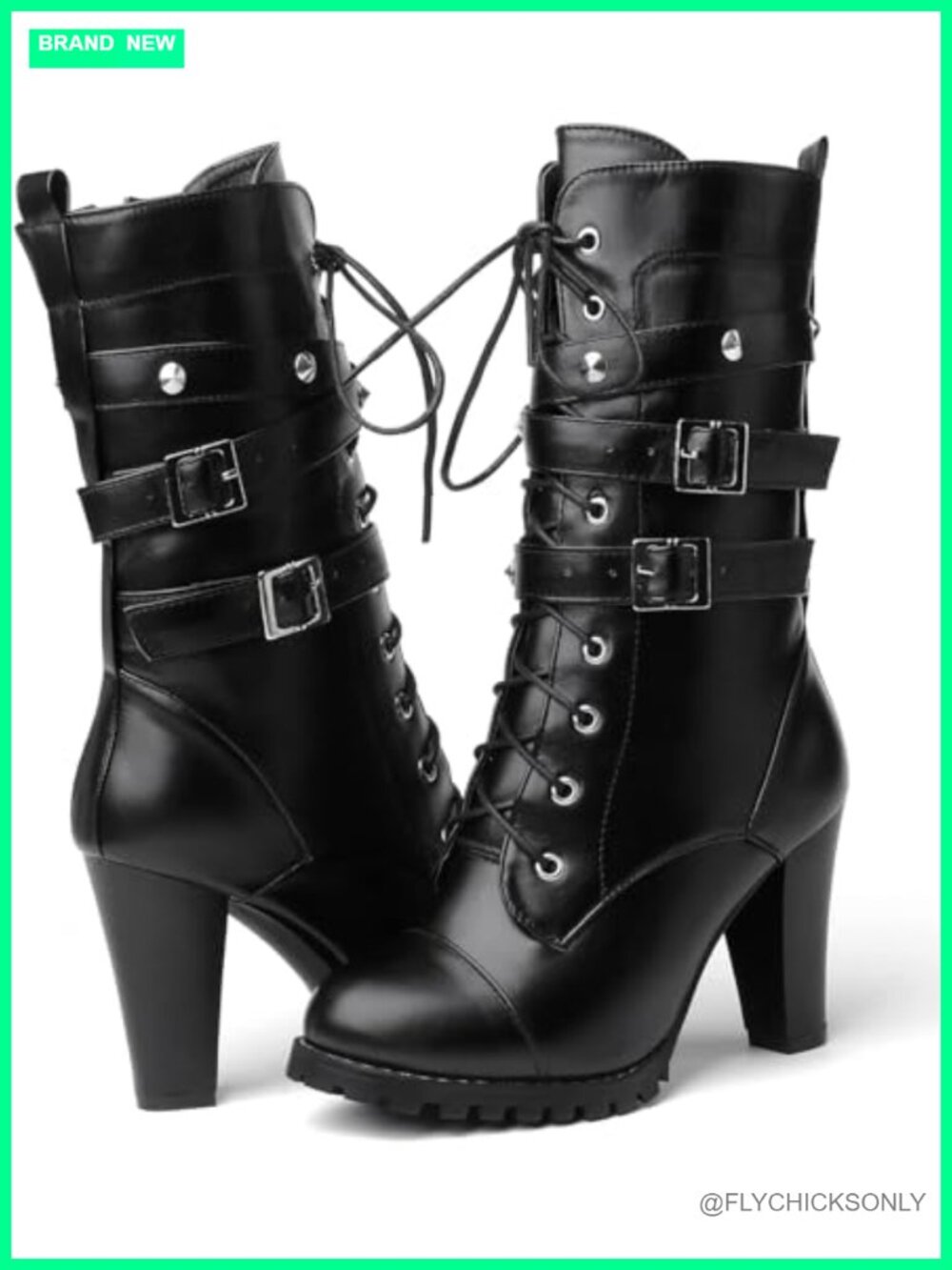 Women's Lace Up Platform High Heel Mid Calf Boots Round Toe Chunky Heel